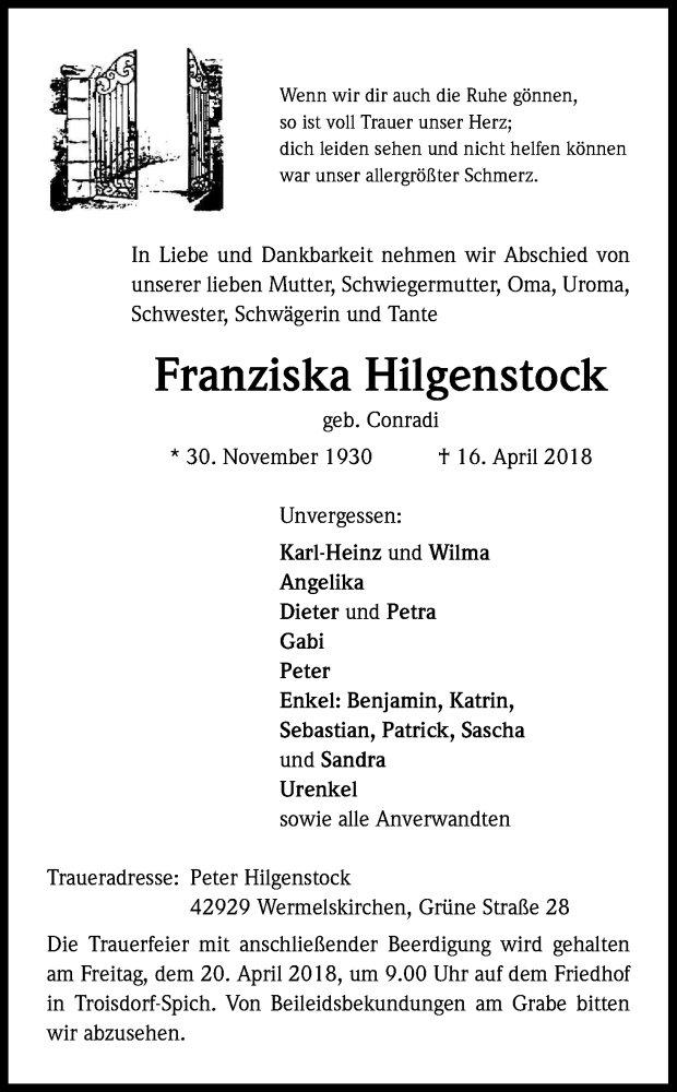  Traueranzeige für Franziska Hilgenstock vom 19.04.2018 aus Kölner Stadt-Anzeiger / Kölnische Rundschau / Express