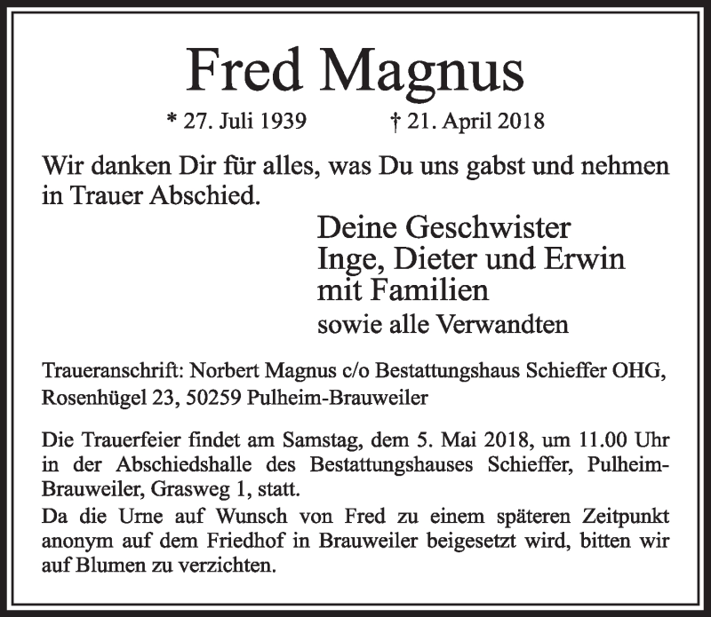  Traueranzeige für Fred Magnus vom 28.04.2018 aus  Sonntags-Post 