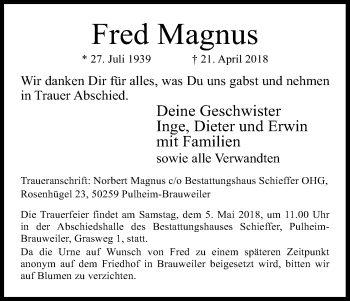 Anzeige von Fred Magnus von Kölner Stadt-Anzeiger / Kölnische Rundschau / Express