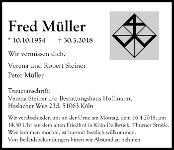 Anzeige von Fred Müller von Kölner Stadt-Anzeiger / Kölnische Rundschau / Express