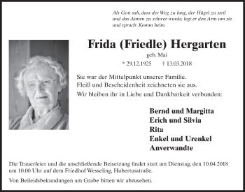 Anzeige von Frida Hergarten von  Schlossbote/Werbekurier 