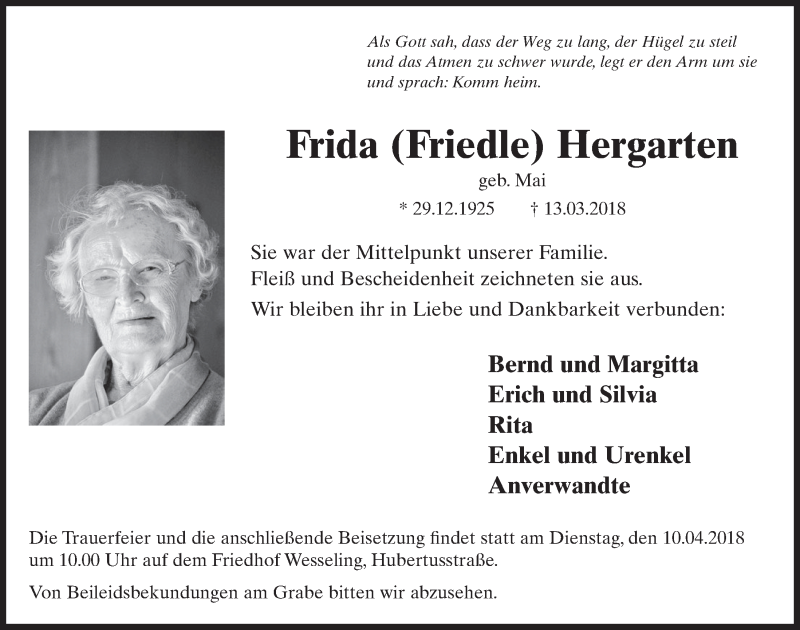 Traueranzeige für Frida Hergarten vom 04.04.2018 aus  Schlossbote/Werbekurier 