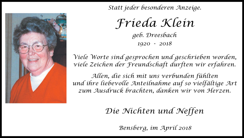  Traueranzeige für Frieda Klein vom 18.04.2018 aus Kölner Stadt-Anzeiger / Kölnische Rundschau / Express