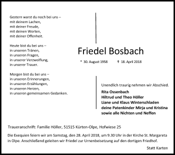 Anzeige von Friedel Bosbach von Kölner Stadt-Anzeiger / Kölnische Rundschau / Express