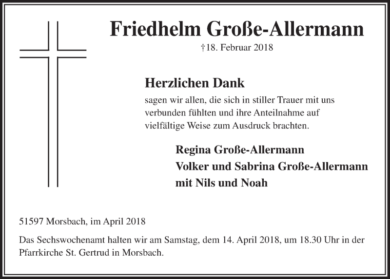  Traueranzeige für Friedhelm Große-Allermann vom 11.04.2018 aus  Lokalanzeiger 