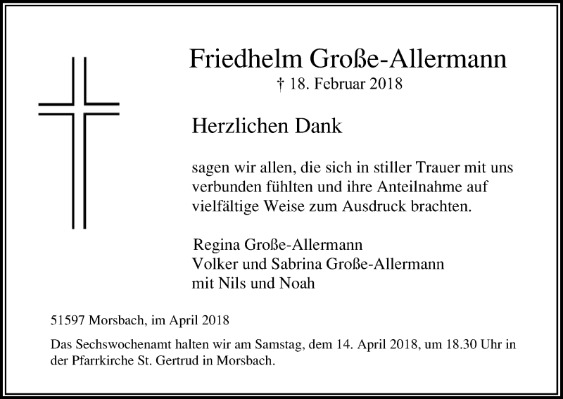  Traueranzeige für Friedhelm Große-Allermann vom 11.04.2018 aus Kölner Stadt-Anzeiger / Kölnische Rundschau / Express