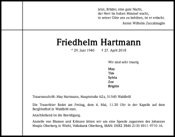 Anzeige von Friedhelm Hartmann von Kölner Stadt-Anzeiger / Kölnische Rundschau / Express