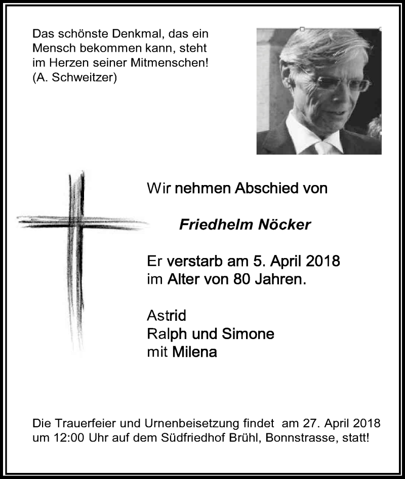  Traueranzeige für Friedhelm Nöcker vom 21.04.2018 aus Kölner Stadt-Anzeiger / Kölnische Rundschau / Express