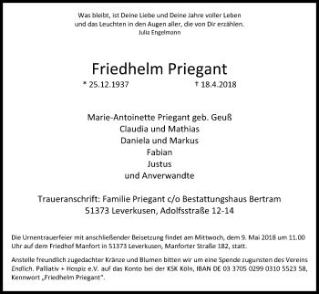 Anzeige von Friedhelm Priegant von Kölner Stadt-Anzeiger / Kölnische Rundschau / Express