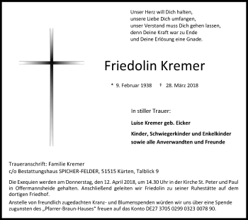 Anzeige von Friedolin Kremer von Kölner Stadt-Anzeiger / Kölnische Rundschau / Express