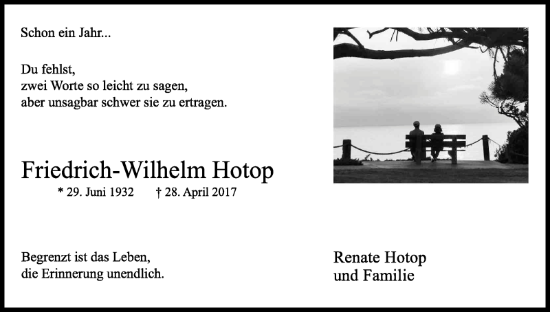  Traueranzeige für Friedrich-Wilhelm Hotop vom 28.04.2018 aus Kölner Stadt-Anzeiger / Kölnische Rundschau / Express