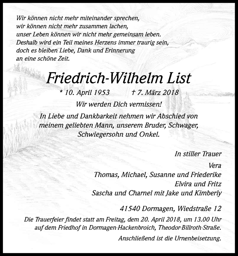  Traueranzeige für Friedrich-Wilhelm List vom 07.04.2018 aus Kölner Stadt-Anzeiger / Kölnische Rundschau / Express