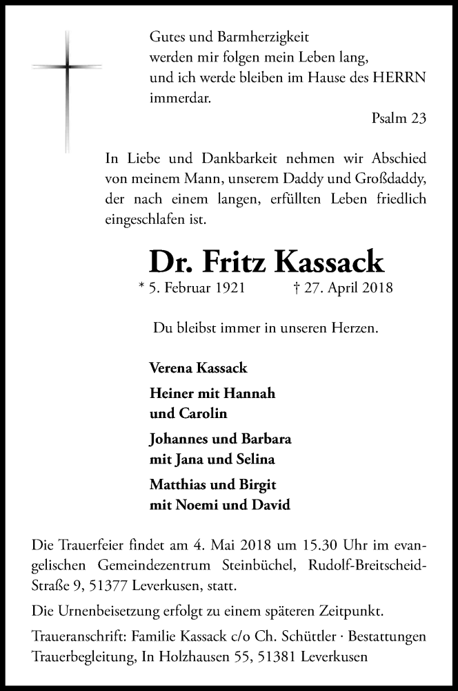  Traueranzeige für Fritz Kassack vom 01.05.2018 aus Kölner Stadt-Anzeiger / Kölnische Rundschau / Express