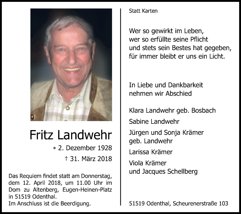  Traueranzeige für Fritz Landwehr vom 07.04.2018 aus Kölner Stadt-Anzeiger / Kölnische Rundschau / Express