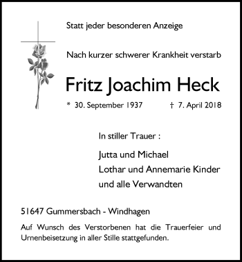 Anzeige von Fritz Joachim Heck von  Anzeigen Echo 
