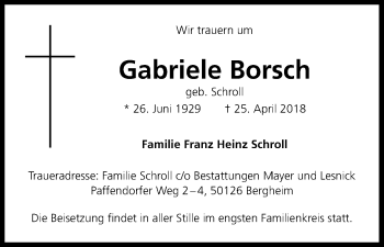 Anzeige von Gabriele Borsch von Kölner Stadt-Anzeiger / Kölnische Rundschau / Express