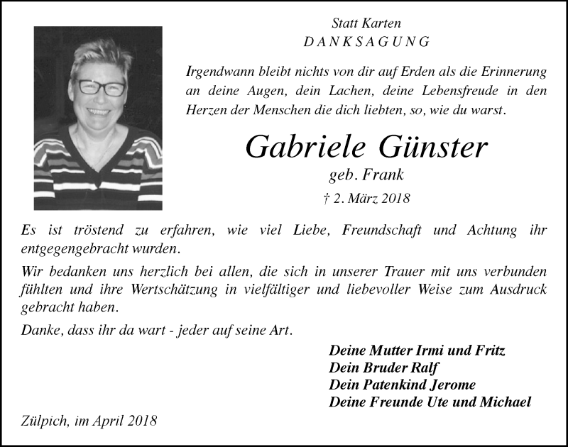  Traueranzeige für Gabriele Günster vom 21.04.2018 aus  Blickpunkt Euskirchen 