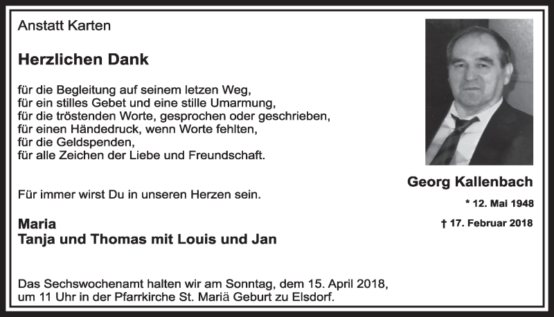  Traueranzeige für Georg Kallenbach vom 14.04.2018 aus  Sonntags-Post 