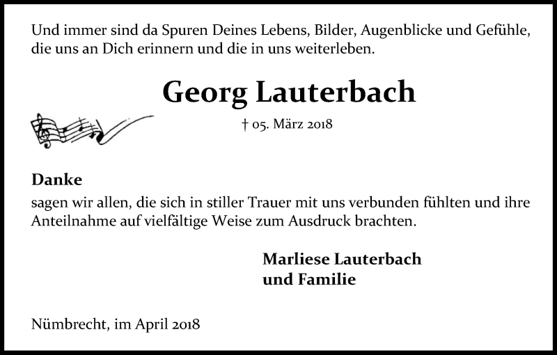  Traueranzeige für Georg Lauterbach vom 21.04.2018 aus Kölner Stadt-Anzeiger / Kölnische Rundschau / Express
