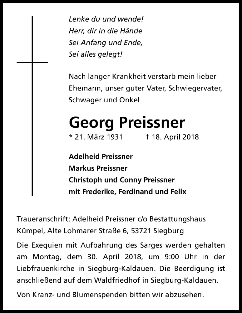  Traueranzeige für Georg Preissner vom 21.04.2018 aus Kölner Stadt-Anzeiger / Kölnische Rundschau / Express
