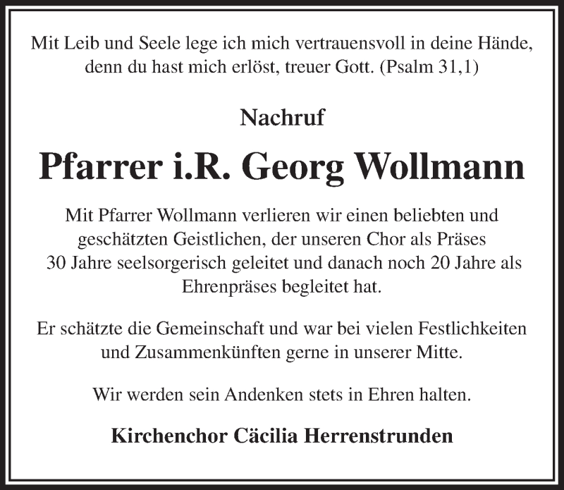  Traueranzeige für Georg Wollmann vom 04.04.2018 aus  Bergisches Handelsblatt 