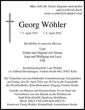 Anzeige von Georg Wöhler von Kölner Stadt-Anzeiger / Kölnische Rundschau / Express