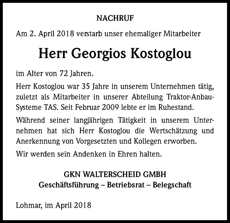  Traueranzeige für Georgios Kostoglou vom 20.04.2018 aus Kölner Stadt-Anzeiger / Kölnische Rundschau / Express