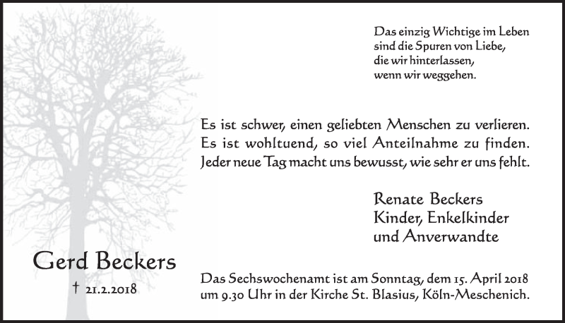  Traueranzeige für Gerd Beckers vom 04.04.2018 aus  Schlossbote/Werbekurier 