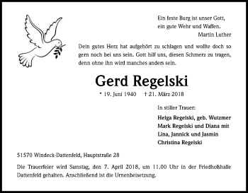 Anzeige von Gerd Regelski von Kölner Stadt-Anzeiger / Kölnische Rundschau / Express