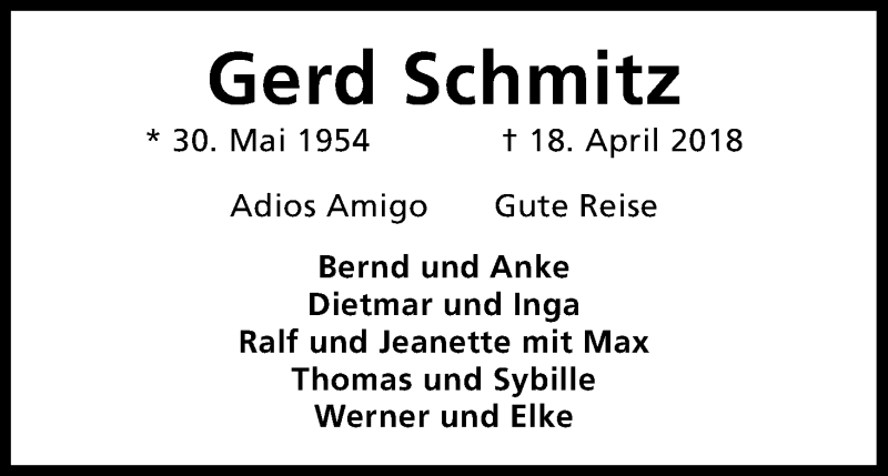  Traueranzeige für Gerd Schmitz vom 28.04.2018 aus Kölner Stadt-Anzeiger / Kölnische Rundschau / Express