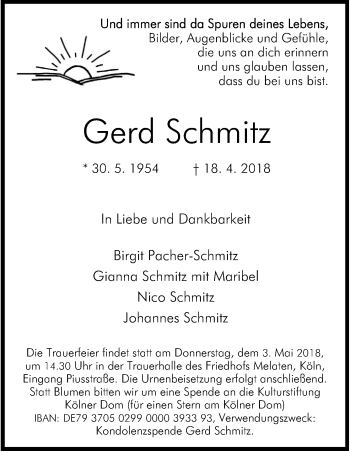 Anzeige von Gerd Schmitz von Kölner Stadt-Anzeiger / Kölnische Rundschau / Express