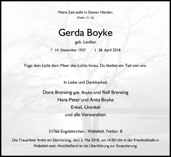 Anzeige von Gerda Boyke von Kölner Stadt-Anzeiger / Kölnische Rundschau / Express