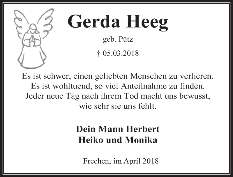  Traueranzeige für Gerda Heeg vom 11.04.2018 aus  Wochenende 