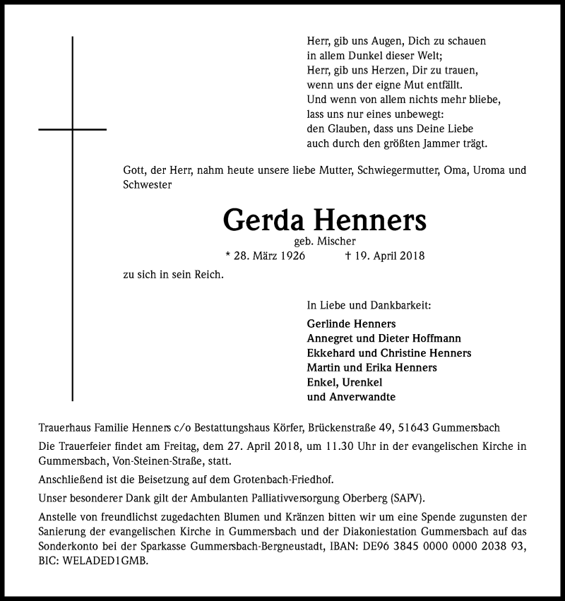  Traueranzeige für Gerda Henners vom 21.04.2018 aus Kölner Stadt-Anzeiger / Kölnische Rundschau / Express