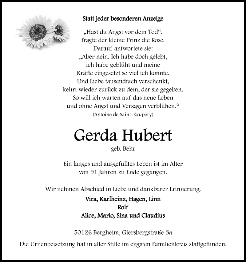  Traueranzeige für Gerda Hubert vom 21.04.2018 aus Kölner Stadt-Anzeiger / Kölnische Rundschau / Express