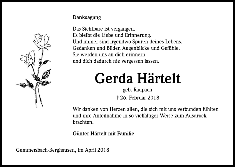  Traueranzeige für Gerda Härtelt vom 14.04.2018 aus Kölner Stadt-Anzeiger / Kölnische Rundschau / Express