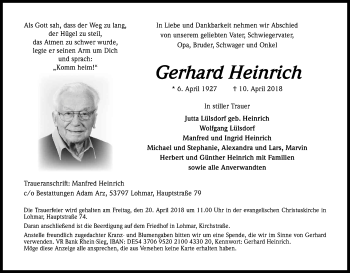 Anzeige von Gerhard Heinrich von Kölner Stadt-Anzeiger / Kölnische Rundschau / Express