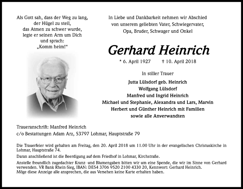  Traueranzeige für Gerhard Heinrich vom 14.04.2018 aus Kölner Stadt-Anzeiger / Kölnische Rundschau / Express
