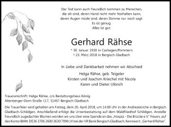 Anzeige von Gerhard Rähse von Kölner Stadt-Anzeiger / Kölnische Rundschau / Express