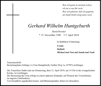 Anzeige von Gerhard Wilhelm Huntgeburth von Kölner Stadt-Anzeiger / Kölnische Rundschau / Express