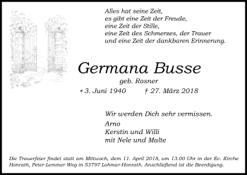 Anzeige von Germana Busse von Kölner Stadt-Anzeiger / Kölnische Rundschau / Express