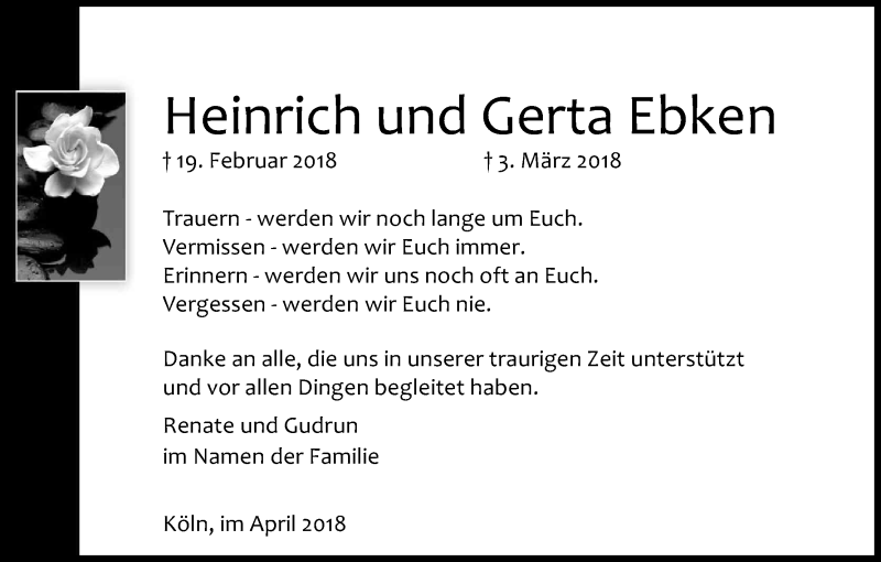  Traueranzeige für Gerta Ebken vom 07.04.2018 aus Kölner Stadt-Anzeiger / Kölnische Rundschau / Express