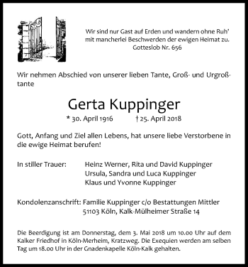 Anzeige von Gerta Kuppinger von Kölner Stadt-Anzeiger / Kölnische Rundschau / Express