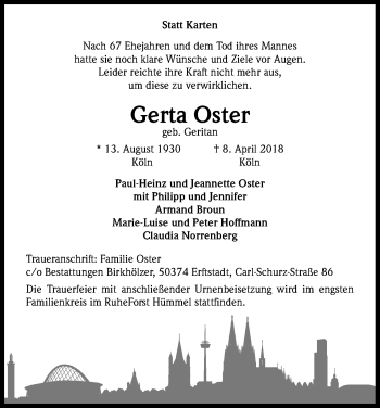 Anzeige von Gerta Oster von Kölner Stadt-Anzeiger / Kölnische Rundschau / Express
