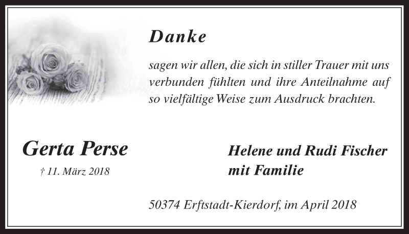  Traueranzeige für Gerta Perse vom 18.04.2018 aus  Werbepost 