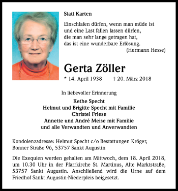 Anzeige von Gerta Zöller von Kölner Stadt-Anzeiger / Kölnische Rundschau / Express