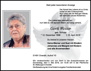 Anzeige von Gerti Wester von Kölner Stadt-Anzeiger / Kölnische Rundschau / Express