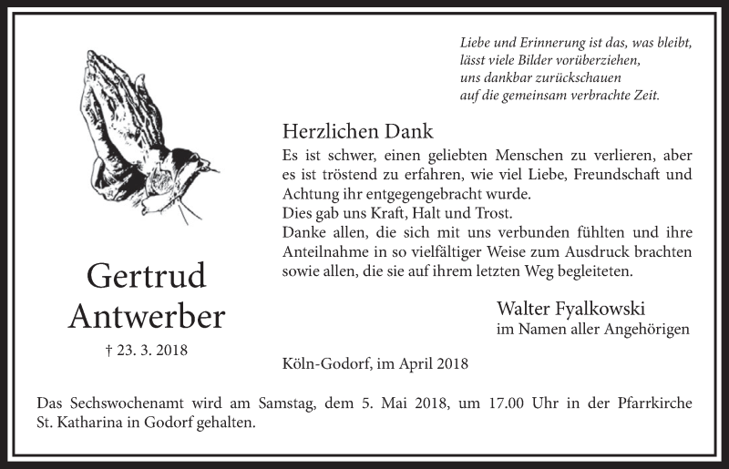  Traueranzeige für Gertrud Antwerber vom 25.04.2018 aus  Kölner Wochenspiegel 