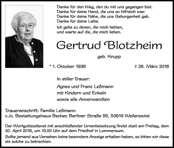 Anzeige von Gertrud Blotzheim von Kölner Stadt-Anzeiger / Kölnische Rundschau / Express