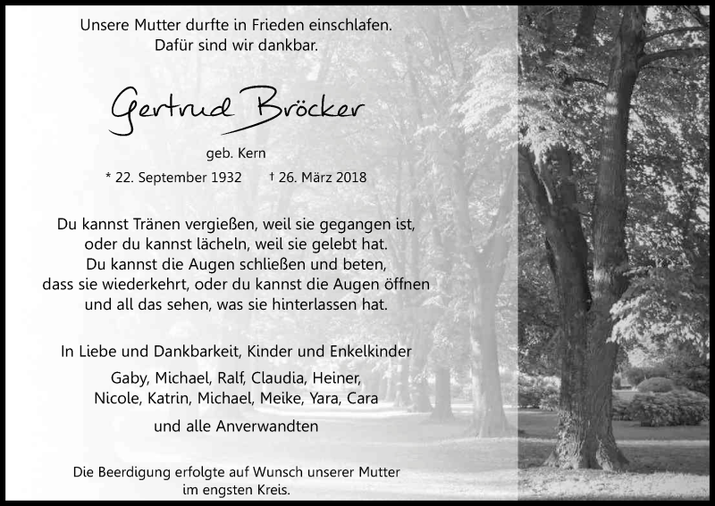  Traueranzeige für Gertrud Bröcker vom 12.04.2018 aus Kölner Stadt-Anzeiger / Kölnische Rundschau / Express